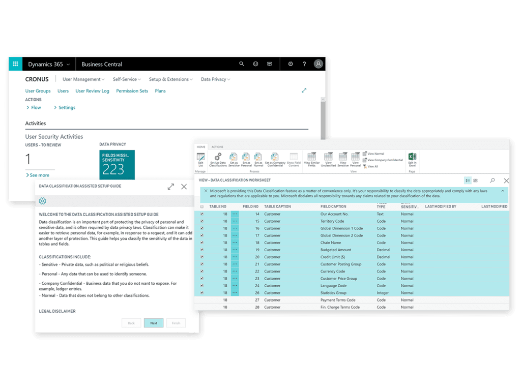 Captura de pantalla módulos de integración de privacidad de datos con Microsoft Dynamics 365 Business Central.
